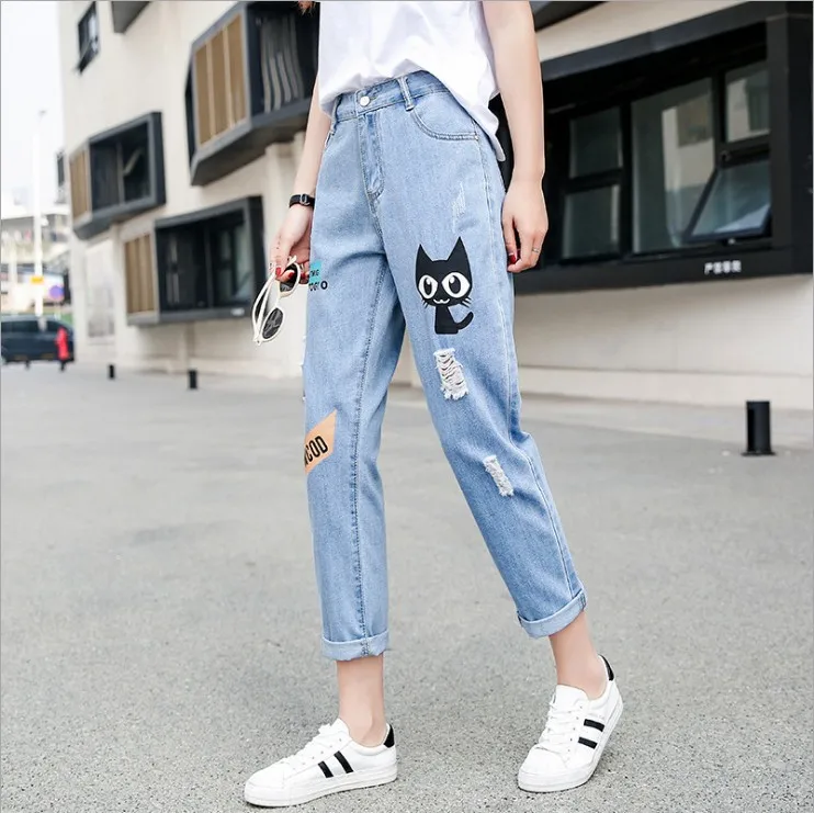 Женские джинсовые облегающие брюки джинсы с высокой талией рваные до колена