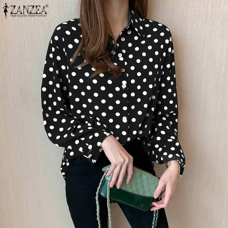 

Women Casual Long Sleeve Lapel Collar Shirt 2022 Spring Polka Dot Blouse ZANZEA Vintage Baggy Office Chemise Female Tunic Tops