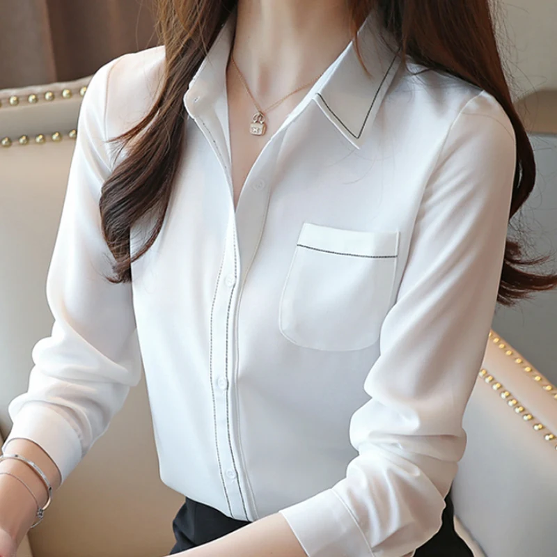 

Blusas Mujer De Moda 2021 Turn Down Collar Office Blouse Tops Long Sleeve White Blouse Chiffon Blouse Shirt Women Blouses B951