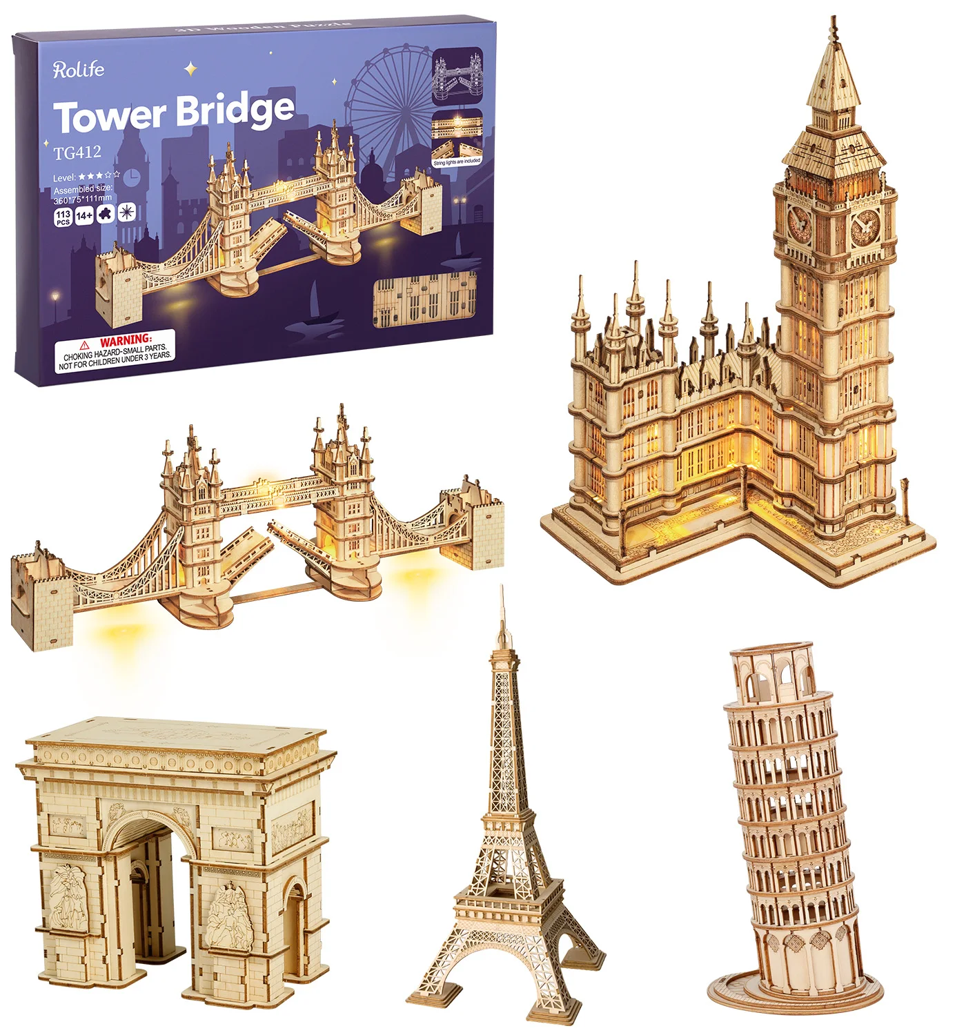 Robotime Rolife DIY 3D Tower Bridge Big Ben Famous Building Wooden Puzzle Game Assembly Toy Gift for Children Teen Adult | Игрушки и