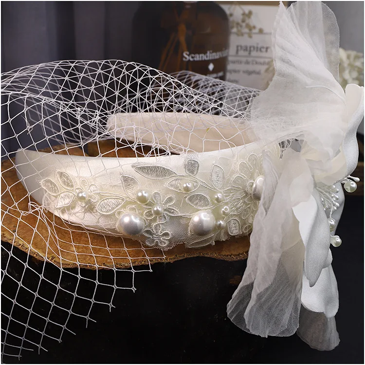 

Orginal Design Flower Face Veil Hairbands Big Floral Mesh Headband Bride Pearl Gauze Headpiece Women Evening Party Show Headwear