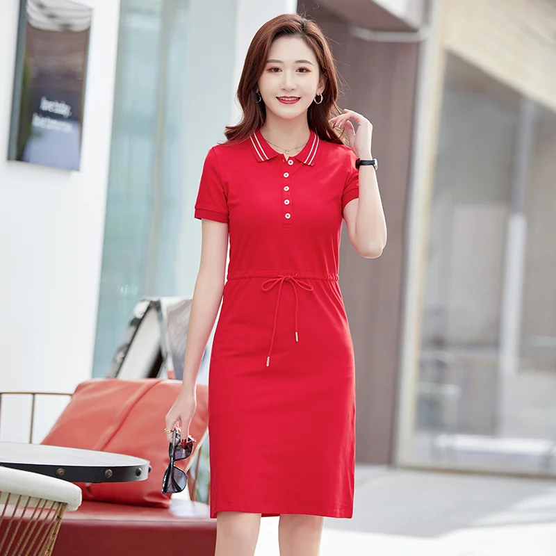 

2021 summer new short-sleeved T-shirt women's mid-length lapel button slim-fit belt dress bottoming shirt