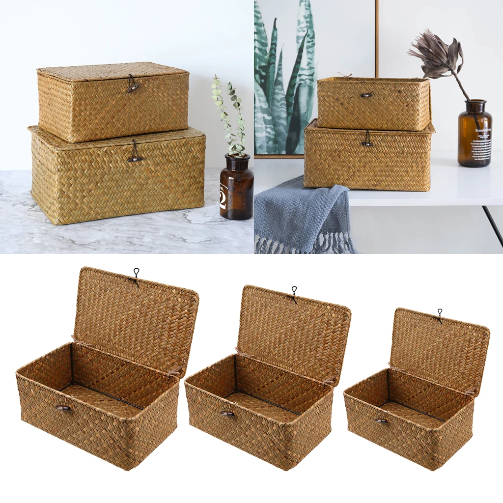 Multi-Purpose Woven Seagrass Storage Box Baskets for Home Decor Organization Natural Basket with Lid &amp Cover | Дом и сад