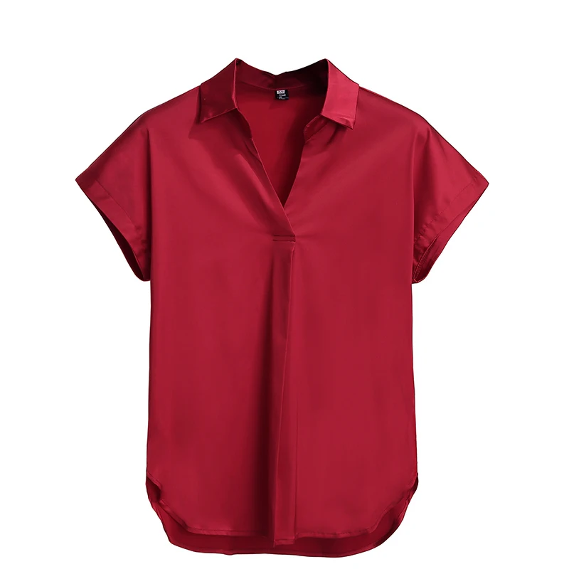 

Women's Shirt Summer Silk Solid Blouses for Women Short Sleeve Top Women Satin Office Lady Clothing White Polo Neck Basic Blouse