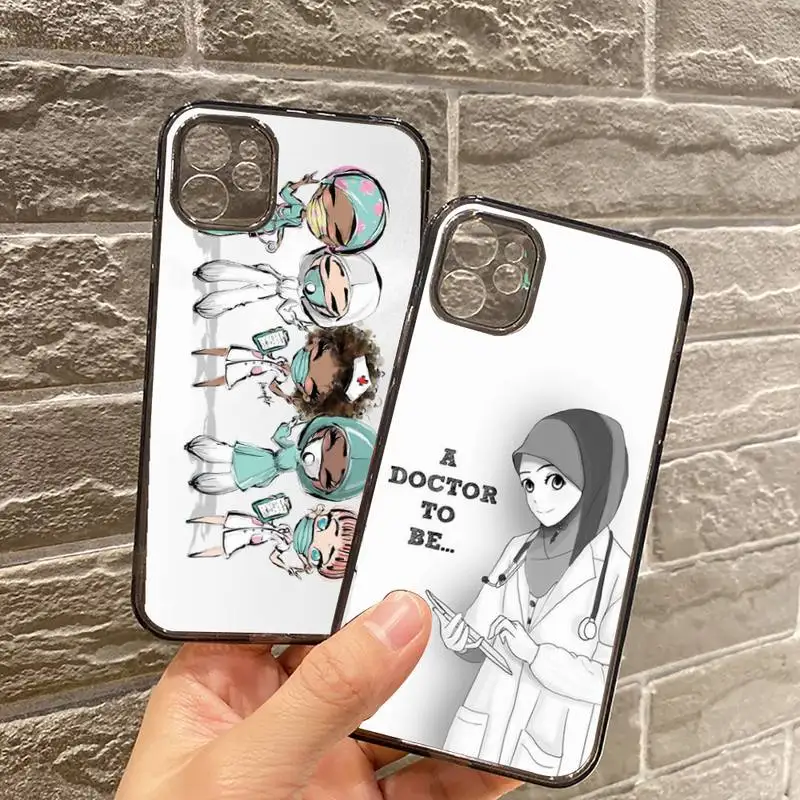

Cartoon doctor Phone Case For iPhone 7 8 11 12 X XS XR MINI Pro Max Plus Retro Black Grey clear transparent