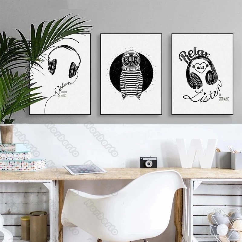 

Canvas Painting Poster Print Cartoon Black and White Astronauts Earphones Quote Relax and Listen for Home Rooms Gallery Decorati