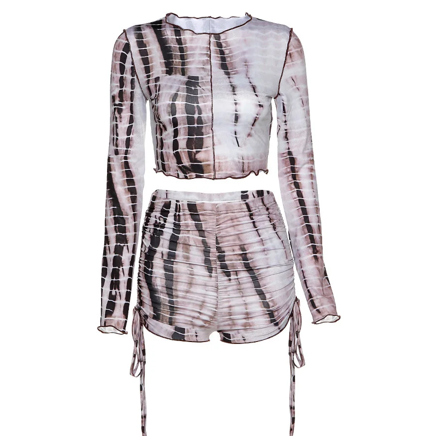 

2021 Новая модная повседневная Уличная футболка с длинным рукавом и шорты комплект из 2 частей для женщин тонкий эластичный тай-дай; Спортивны...