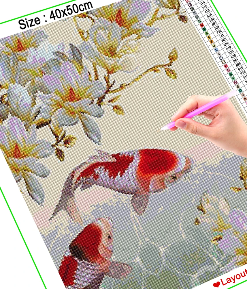Алмазная 5d картина HOMFUN озеро с рыбками и лотосами квадратная/круглая для