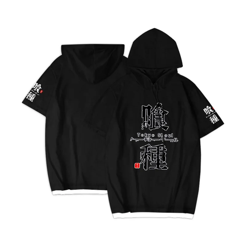 

Tokyo Ghoul Anime Peripheral Ghoul Kinkiken Clothes Student Short Sleeve Hooded T-Shirt Tops Fake Two Pieces