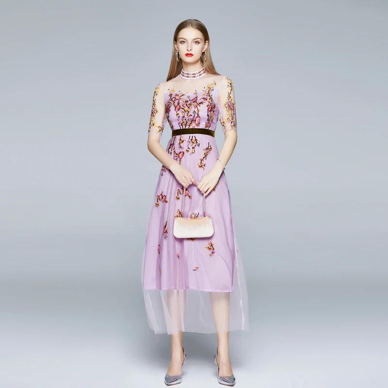 

Embroidery Mesh Sexy Dress Hollow Out Chiffon Sweet Regular Turtleneck Strap Flower Birthday Dress for Women Summer Dresses 2021