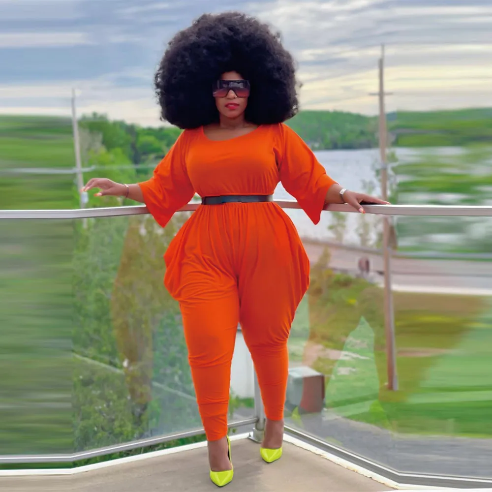

XL-4XL 2022 Three Quarter Sleeve Solid Bodycon Jumpsuit Spring Autumn Women One Piece Overalls Office Lady Draped Loose Rompers