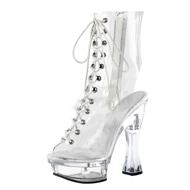 Clear Lace Up Women 14cm Night Club Pole Dance Boots Winter Platform Patent Leather Gothic 14cm Square Heels Boots