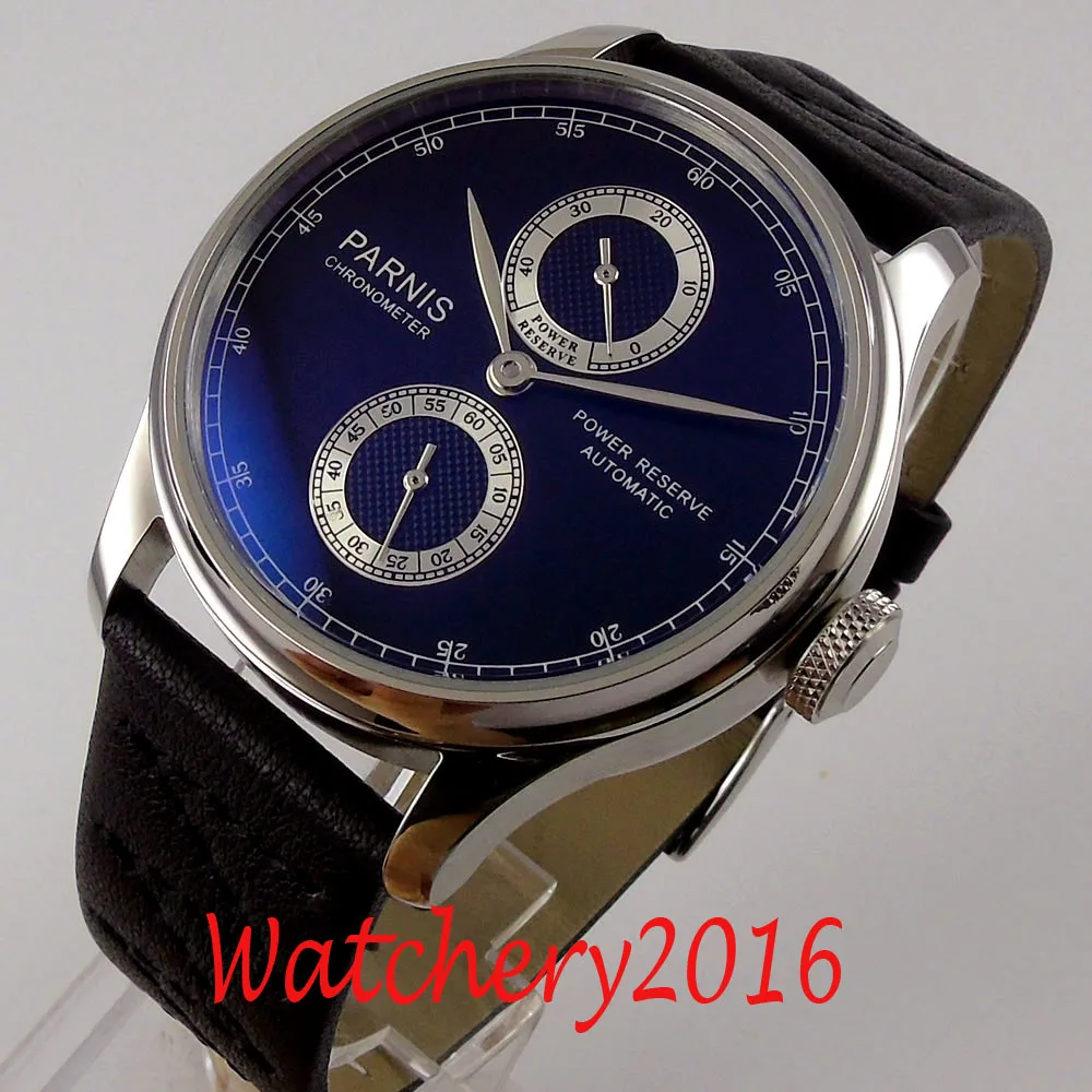 

43mm parnis Black dial power reserve Silver marks ST Automatic movement mens watch