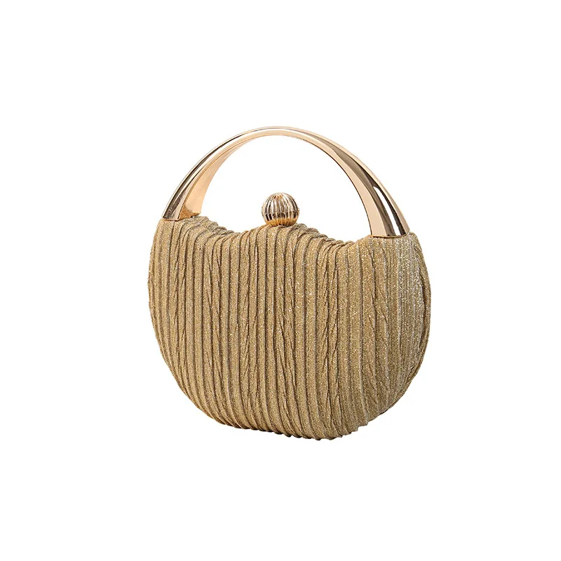 

Cross border European and American popular shiny pleated Dinner Bag banquet metal lady handbag small round bag chain diagonal