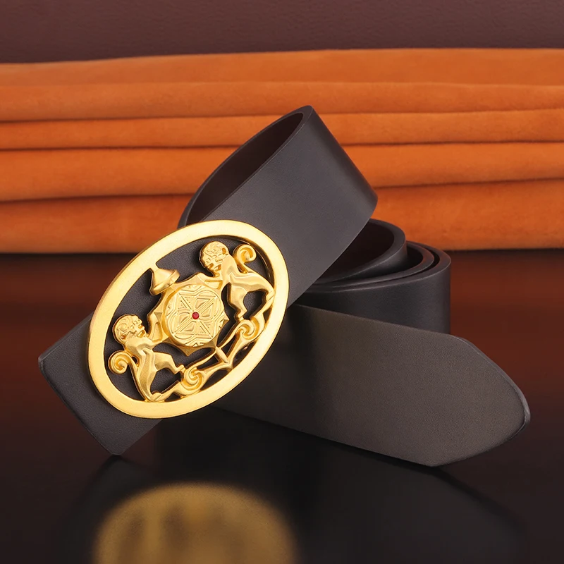 

High Quality Lion Men Belt Black Fashionable Leather Belt Designer Luxury Famous Brand Wide Belt