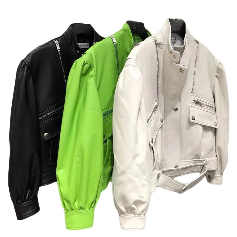 Chaqueta de cuero auténtico para motocicleta, abrigo de piel de oveja importada de Nueva Zelanda con mangas de burbujas