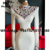 2021 elegant white prom evening dresses long sleeve high neck crystals zipper back robe de soiree prom party dress