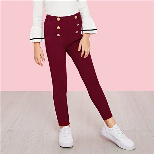 Burgundy SHEIN kids/однотонные штаны для девочек с эластичной резинкой на талии; детская одежда; коллекция года; сезон весна; зауженные брюки с двумя пуговицами; повседневные Леггинсы - Цвет: Burgundy