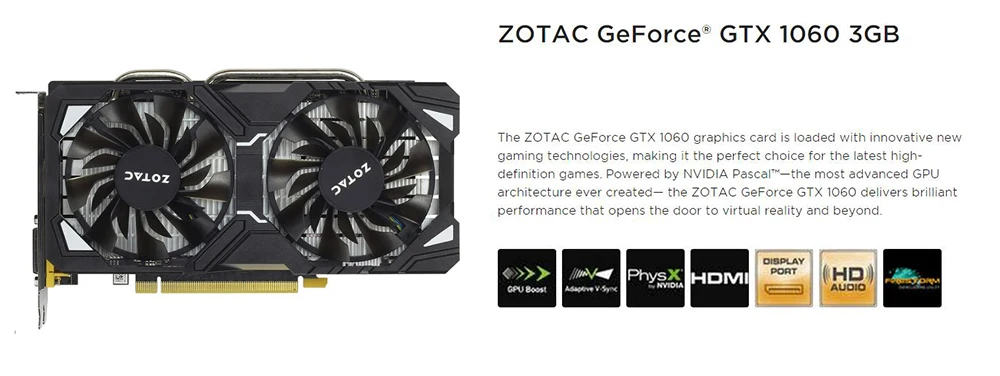 ZOTAC NVIDIA Видеокарта GTX 1060 3GB игровой ПК GeForce GTX 1060 3GB GDDR5 GPU 192Bit видеокарты карта для ПК б/у карты