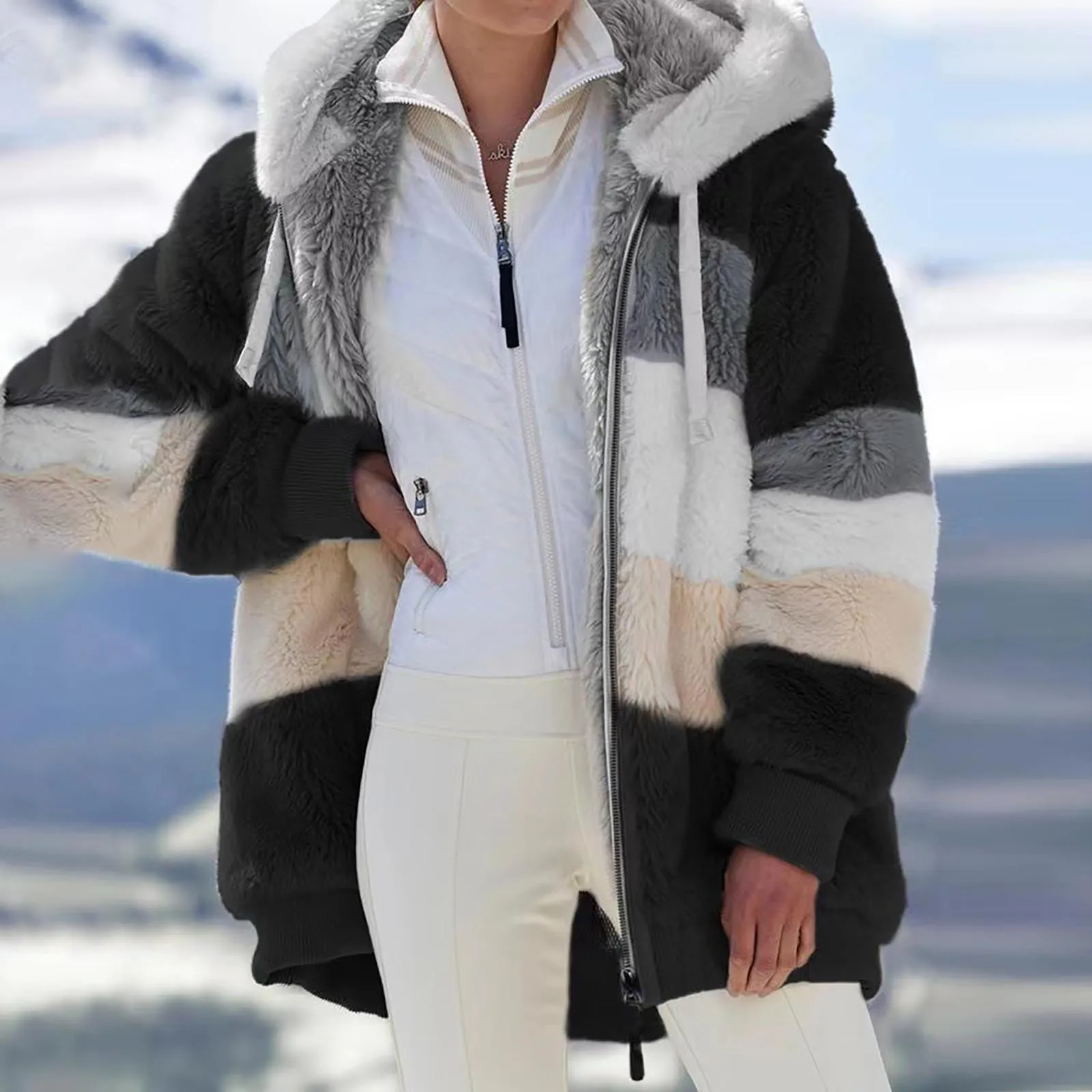 

2021 Winter Women Hooded Jackets Plus Size Casual Loose Patchwork Zipper Fly Jackets Long Sleeve Pockets Jackets veste femme