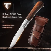trivisa edc barlow folding knifehandmade pocket knives with leather sheath3in m390 bladetc4 titanium alloy desert ironwood