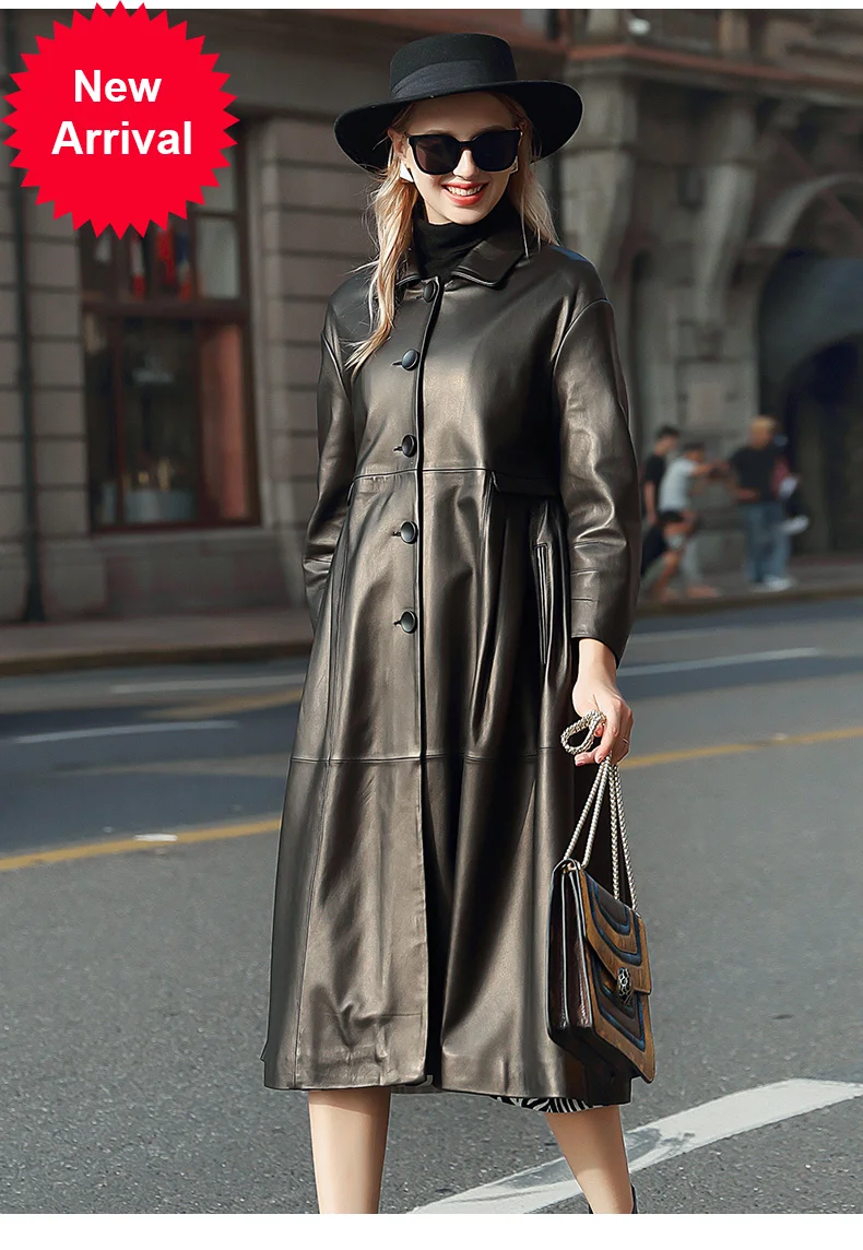

2020 autumn and winter sheep skin windbreaker women's long fashion down jacket slimming leather coat