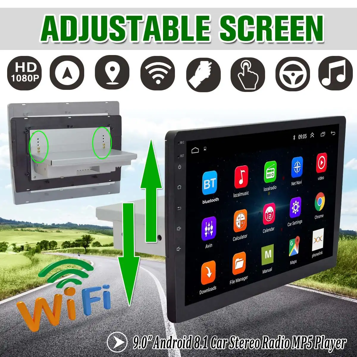 

Android 8.1 1 DIN 9 Inch Adjustable Car Radio With Touch Screen 1G+16G Car Stereo WiFi bluetooth FM Radio GPS Nav Player