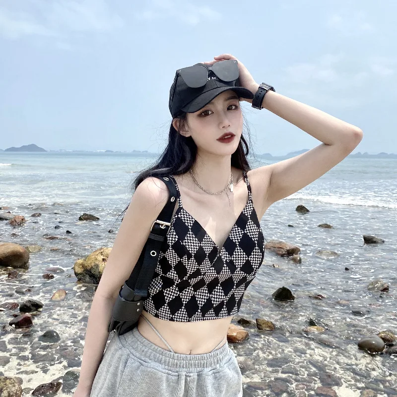 2021 New Black Argyle Plaid y2k Kawaii Camisole Women Harajuku Vintage Spaghetti Strap Milkmaid Sexy Crop Top Corset Summer 90s