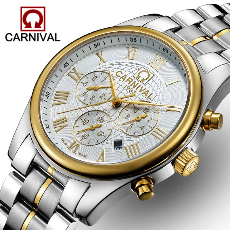 

CARNIVAL New Business Small Three Needle Calendar Week Month Display Waterproof Men Mechanical Wristwatches Zegarek Męski 8827G