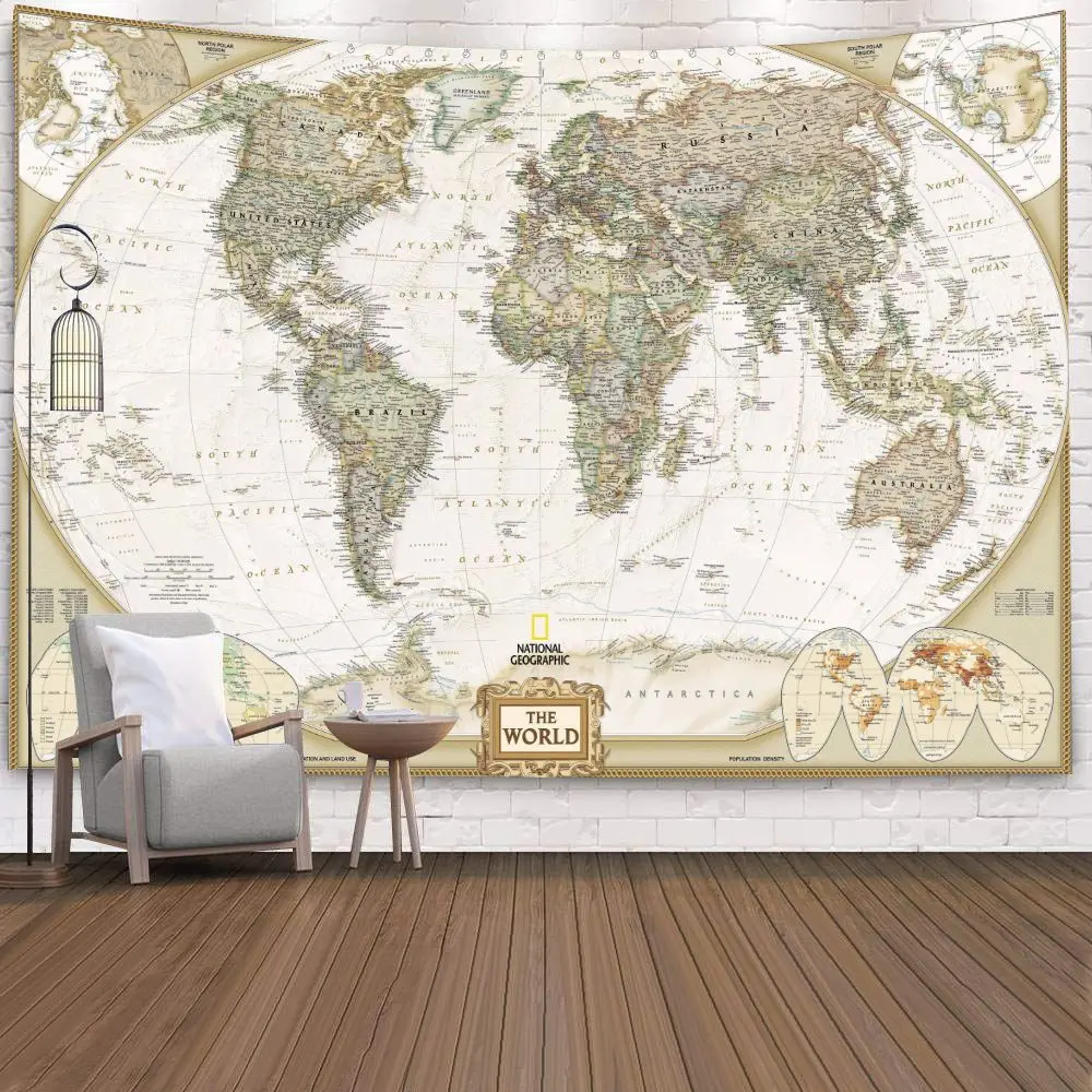 

World Map Tapestry High-Definition Map Fabric Wall Hanging Decor Watercolor Map Letter Polyester Table Cover Yoga Beach towel
