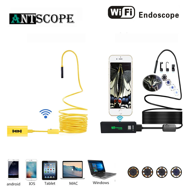 Antscope Wi-Fi 8-миллиметровый эндоскоп с поддержкой 1/2/3,5/5/10 M желтого и черного цветов Проводной 1200P Android iOS камера эндоскопа инспекции boroscopio 30