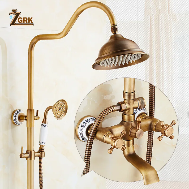 zgrk antique rain shower faucets set with hand wall mounted brass shower mixer for bathroom bath rainfall shower set free global shipping