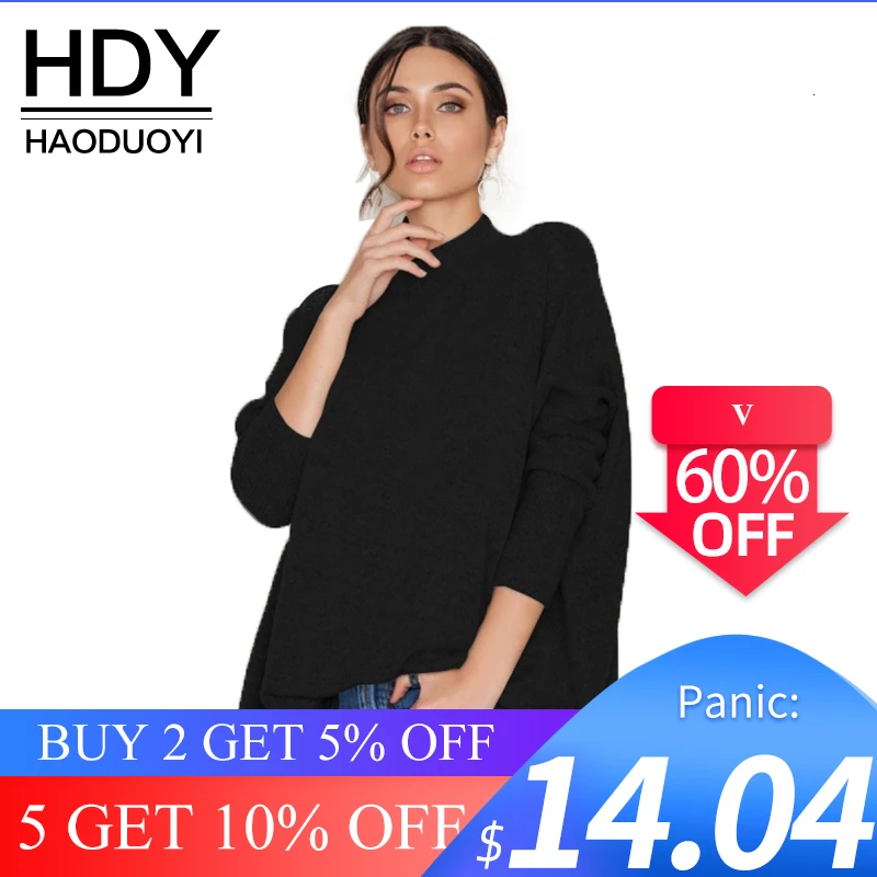 HDY Haoduoyi 2020 Fashion Sweater Women Casual Solid Black Full Sleeve Pullovers Brief Loose Turtleneck Autumn Female Sweaters | Женская