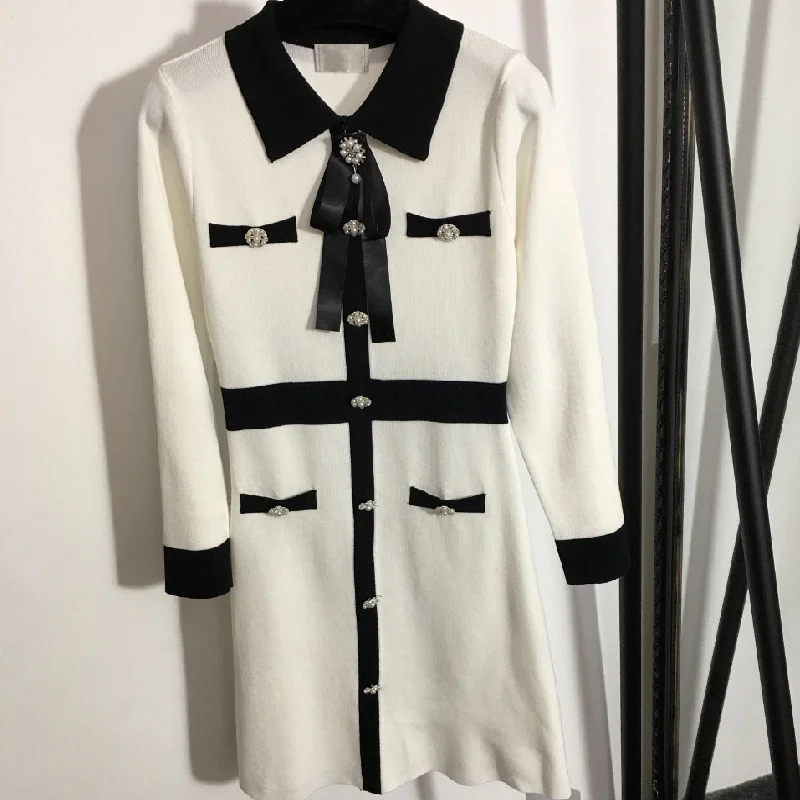 

2021 luxury design fashion celebrity temperament Pearl Flower single row BUTTON DRESS waist closing thin Lapel Long Sleeve Dress