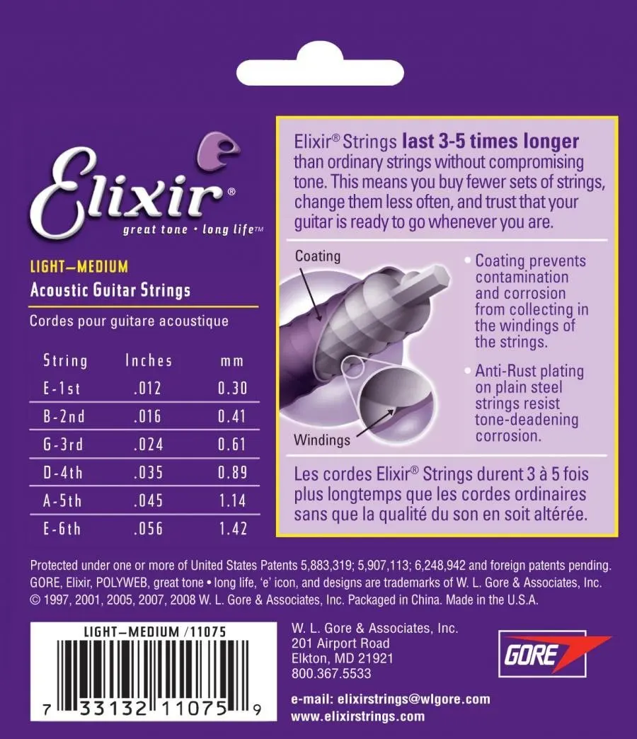 Оригинальные струны Elixir 11075 Polyweb 80/20 бронзовые для акустической гитары. 012 .056