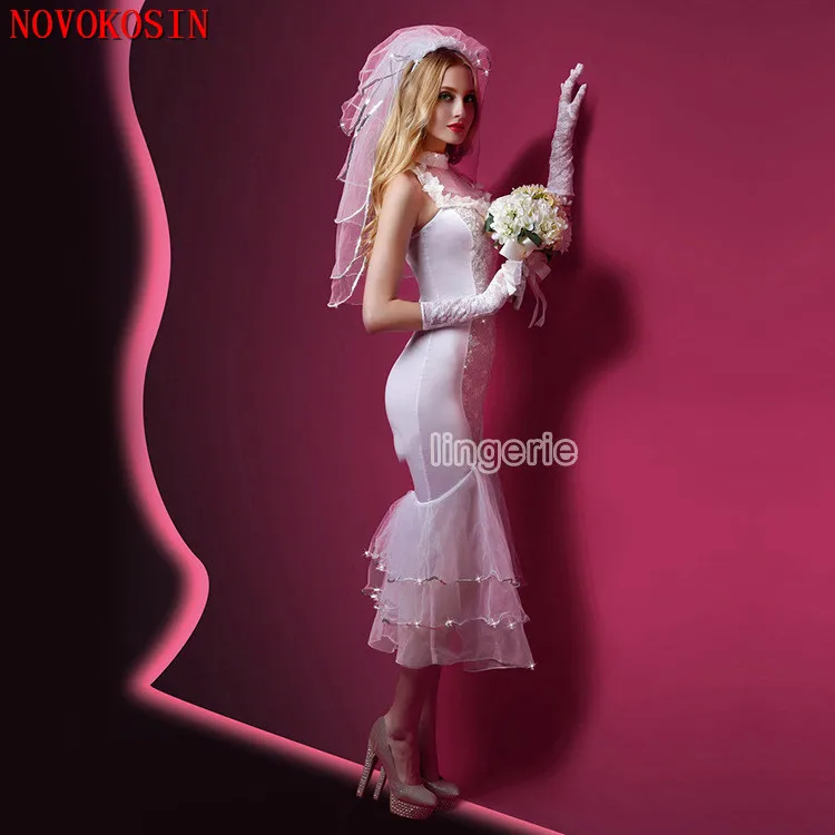 Elegante sirena vestidos de boda de lentejuelas de encaje de 2020 mujeres vestido de novia con velo disfraces Cosplay Sexy noche uniforme