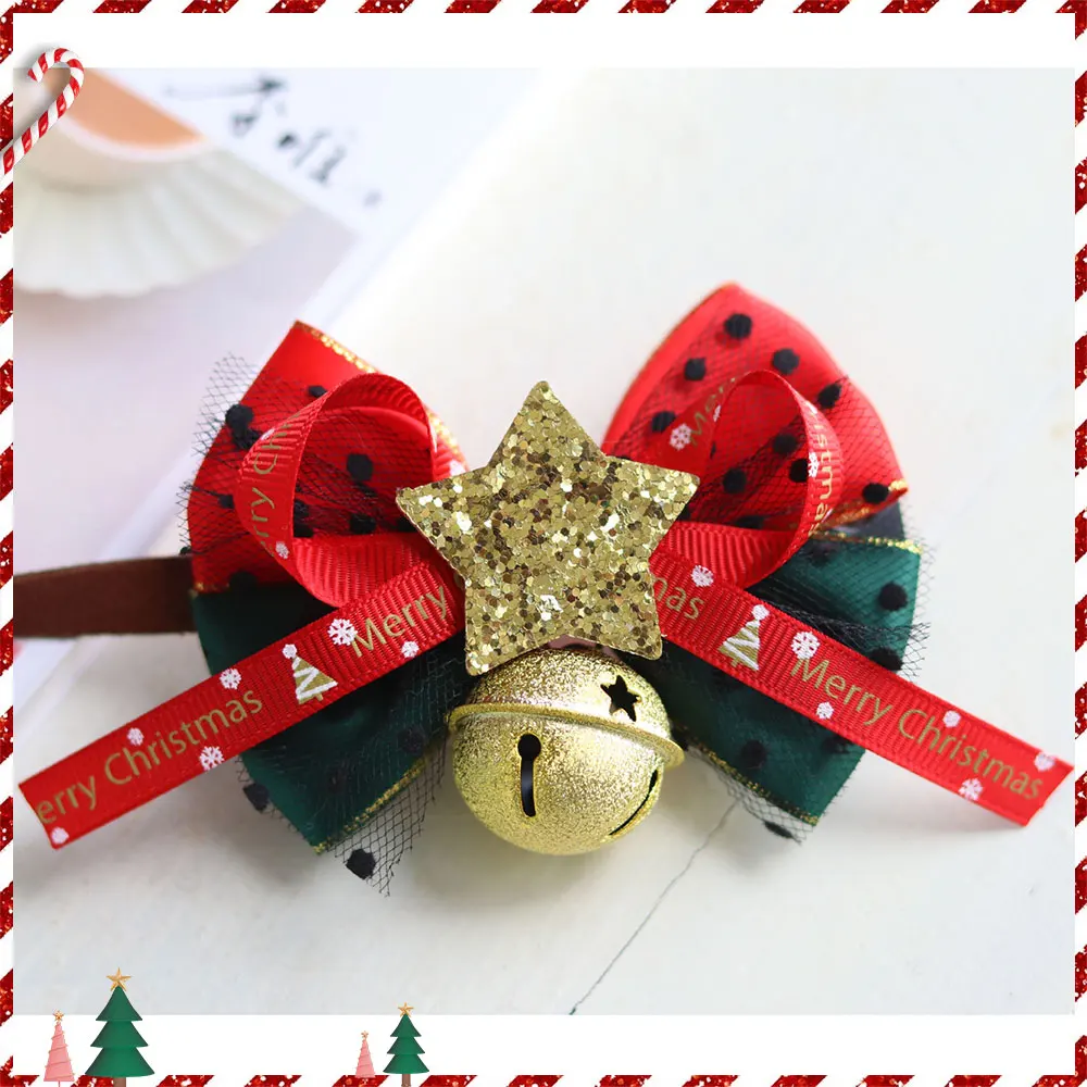 

Christmas Cat Pet Collars Adjustable with Bells Bow Ornaments kitten Puppy Accessories