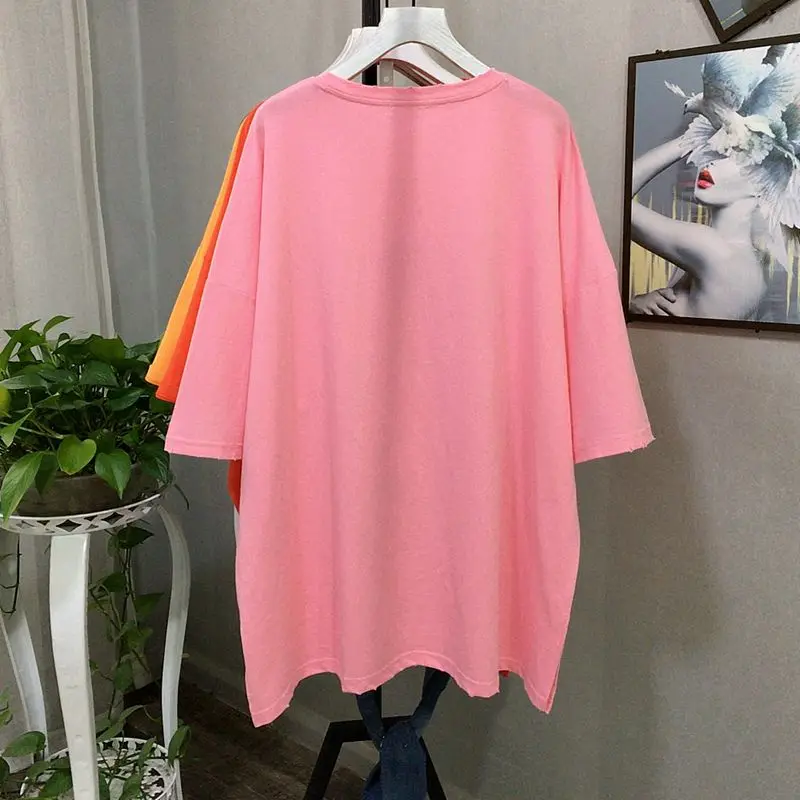 

2021 Summer Plus Size Short Sleeve T-shirt Loose Mid-Length Slimming Cartoon Bottom Shirt Floral Print Slit Simple Top Tee