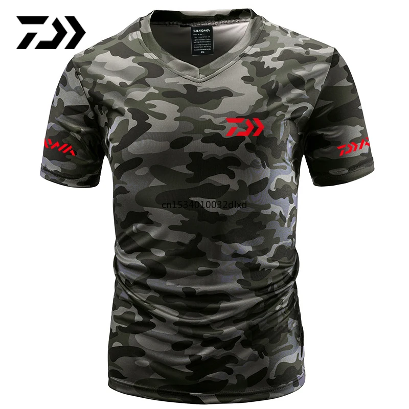 

Daiwa Fishing Tshirt Summer Anti-sweat V Neck Camouflage Green Fishing T-shirt Sports Wear Breathable Quick Dry Fishing Clothing