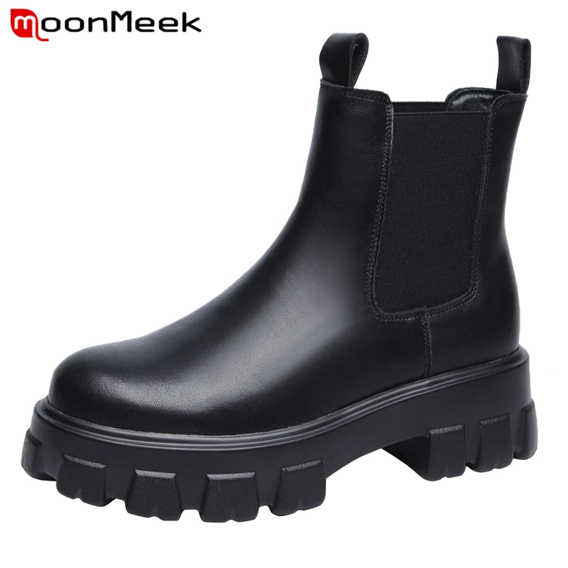 

MoonMeek INS 2022 New Cow Genuine Leather Boots Women Square Heels Chelsea Boots Chunky Platform Shoes Autumn Winter Ankle Boots