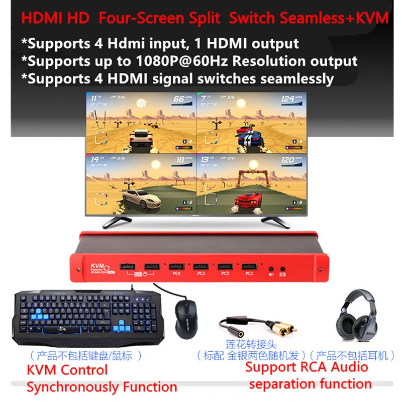 4X1 KVM HDMI многоцелевой переключатель с четырехъядерным экраном в режиме реального