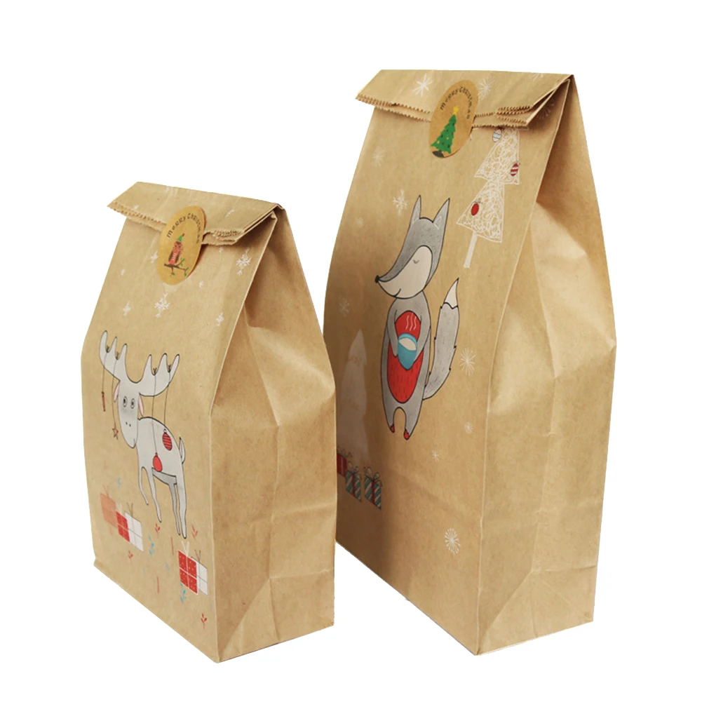 

12Pcs Christmas Gift Bags Elk Fox Pattern Sacks Kraft Paper Candy Bag Kids Party Favors Box Christmas Party Decorations Everyone