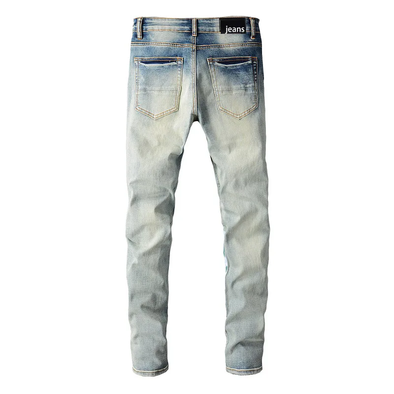 New Men's Stitching Color Jeans Casual Slim Fashion Personality High Street Style Beggar Ripped Patch Skinny Jeans Plus Size 40