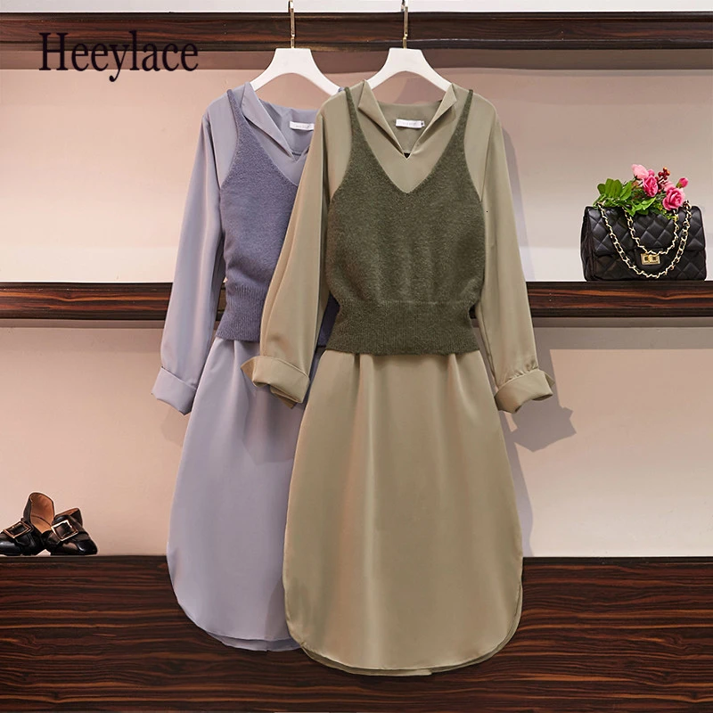 Женское осеннее платье рубашка размера плюс и вязаный жилет Одноцветный Женский