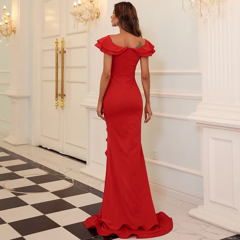 

Fashion Ruffles Drawstring Red Evening Dress Women 2021 Summer Elegant Graceful Slimming Banquet Party Floor-length Dress
