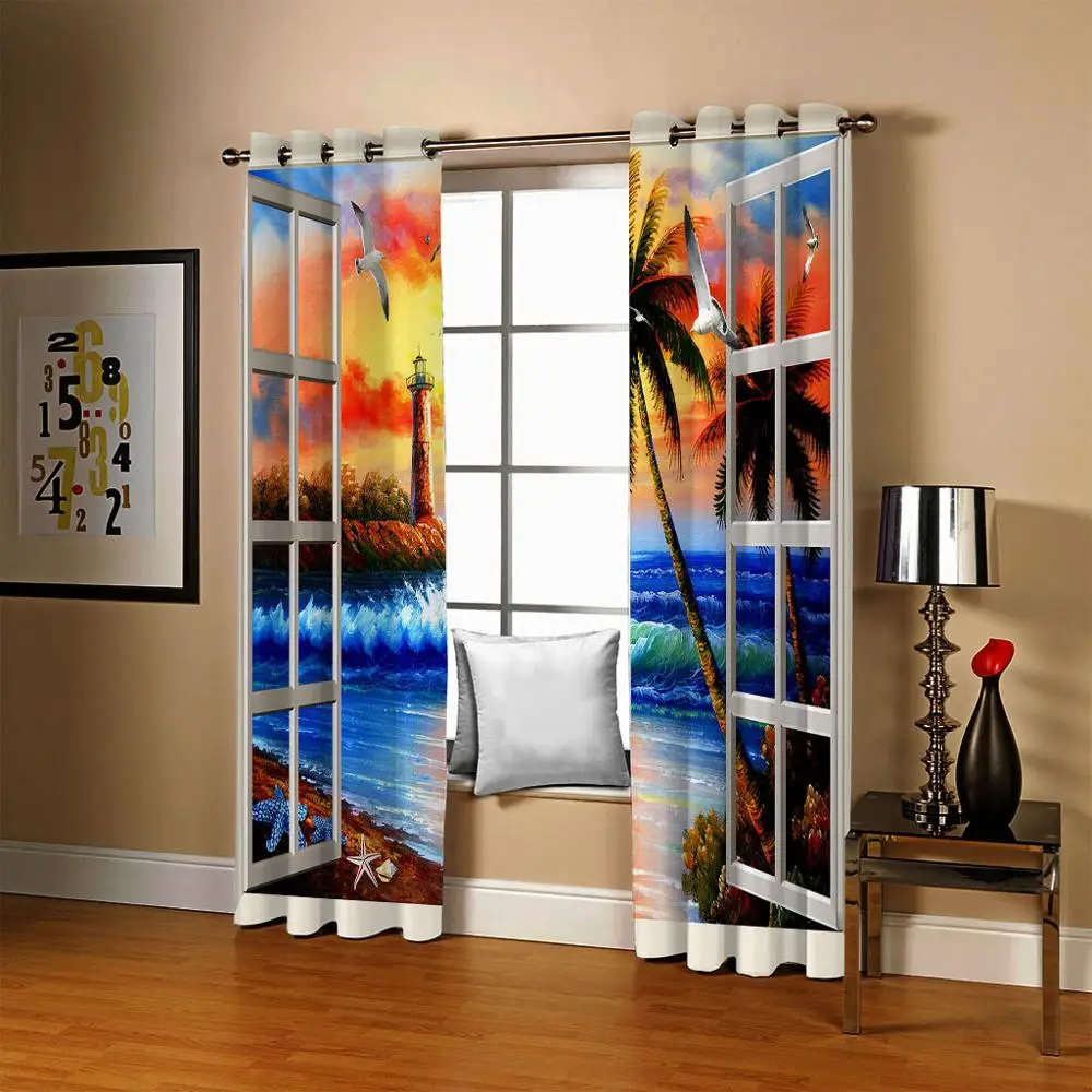 

Modern Blackout Curtains The Living Room Bedroom Cortinas Curtain 3D Kitchen Door Window Curtains Coconut tree Oil Printed Drape