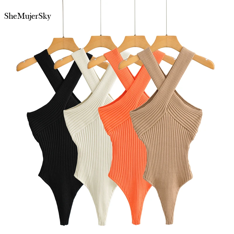 

SheMujerSky Sexy Cross Halter Bodysuit Women Sleeveless Summer Solid Color Knitted Elastic Slim Tops Jumpsuits 2021