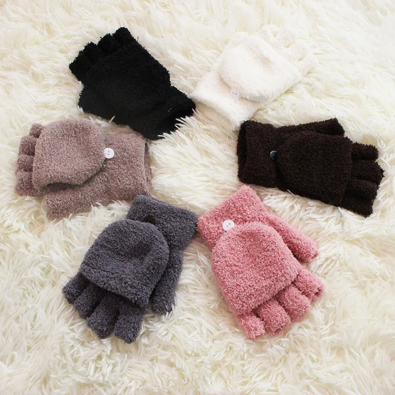 

Women Cute Thick Fingerless Plush Touch Screen Mittens Solid Color Couple Gloves Winter Warm Velvet Half Finger Typing Gloves