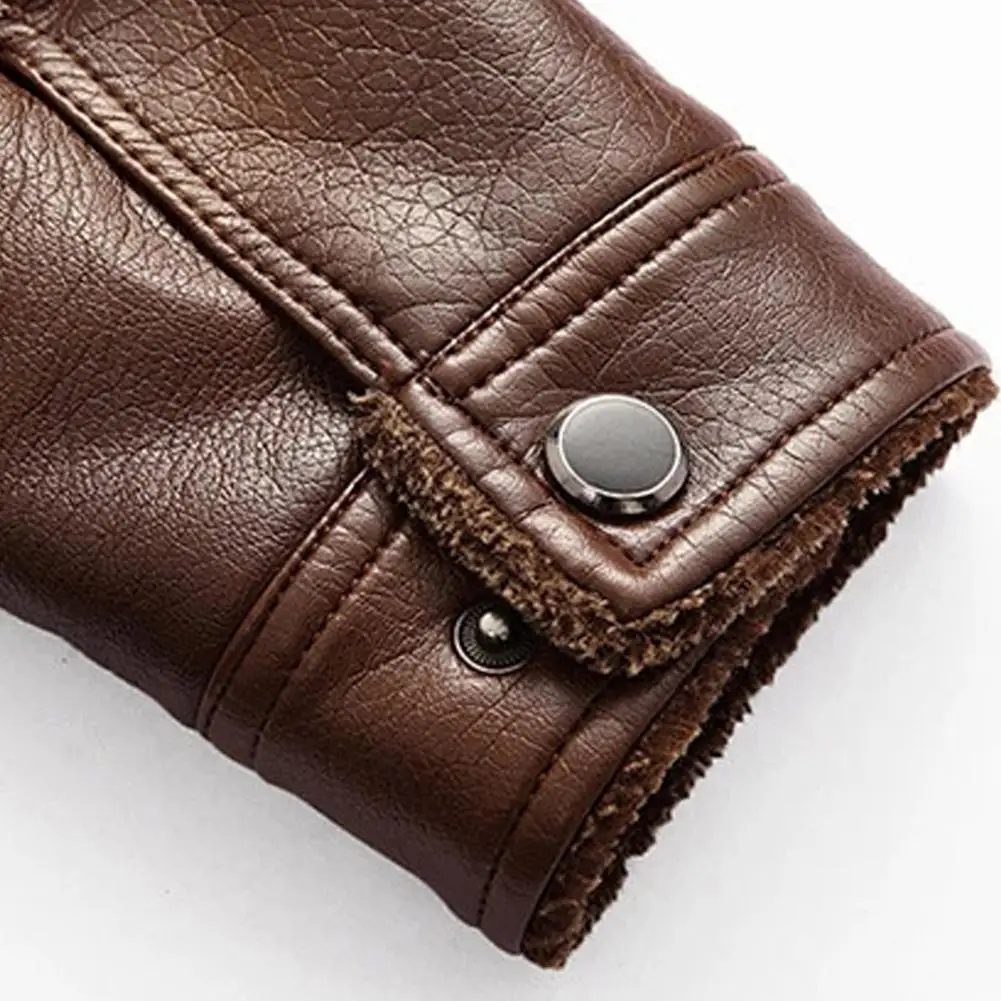 Men Winter Jacket Faux Leather Long Sleeve Stand Collar Fleece Lined Zip Warm Short Casual Jacket  Keep Warm мужская куртка