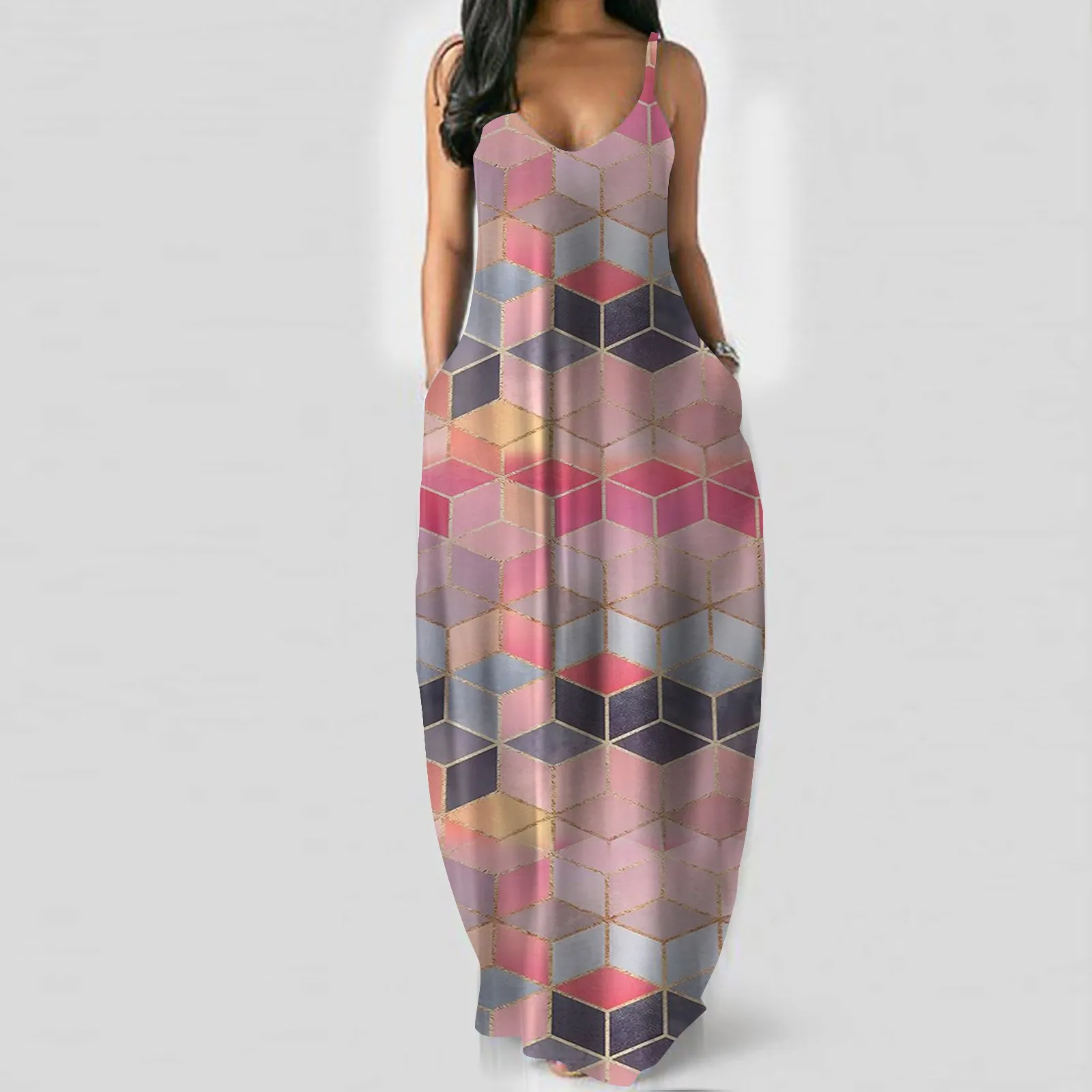 Plus Size Dress Women Polygonal Sexy Deep V Halter Long Dress Ladies Casual Dresses Abiti Da Cocktail платье летнее
